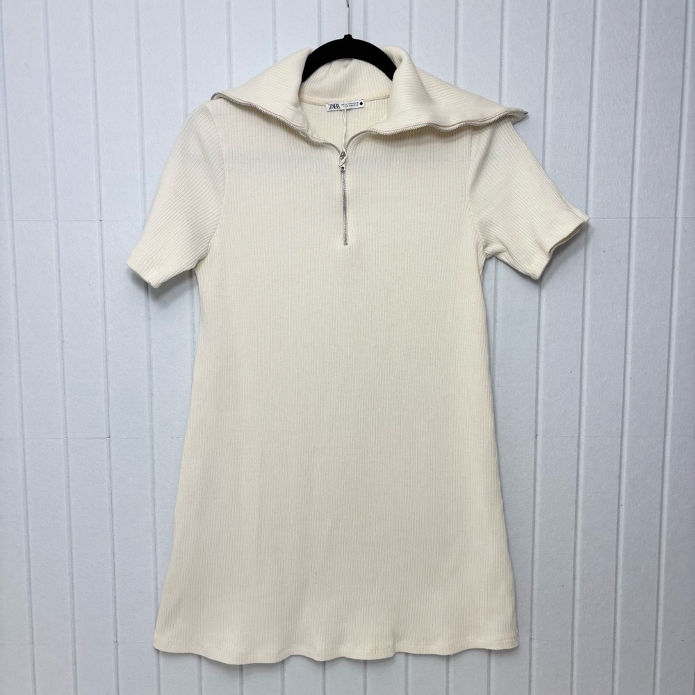 ZARA Sweater Dress Ivory Short Sleeves Quarter Zip Ribbed Knit Size Size M - Picture 1 of 11